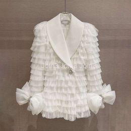 Spring Autumn Fashion design womens turn down collar white layered gauze medium long big bow rhinestone patched sleeve blazer suit coat SMLXL