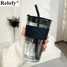 450ml Lead Free Glass Mug with Cup Sleeve and Lid Straw Coffee Mugs Juice Glass Cute Coffee Mugs Milk Cups Tea Mug Drinkware 240513