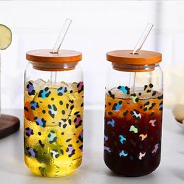 Wine Glasses 16oz Colourful Leopard Pattern Sublimation Glass Can With Bamboo Lids&Straw Coffee Cup Summer Winter Drinkware Clear Bottle