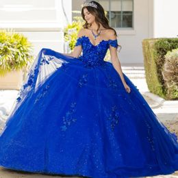 Mexican Royal Blue Quinceanera Dress Ball Gown Shiny Lace Applique Bow Beaded Tull Corset Sweet 16 Vestidos De 15 Anos