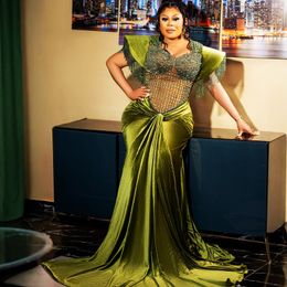 2024 Olive Plus Size Prom Dresses for Special Occasions Promdress Illusion Velvet Beaded Tassel Beading Birthday Dress Second Reception Engagement Gown AM911