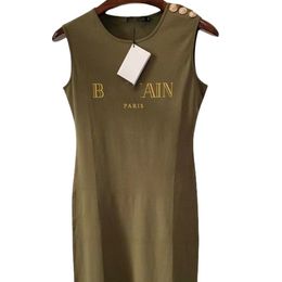 Women summer sleeveless shoulder buttons patched logo letter print slim waist bodycon midi long tank dress SML