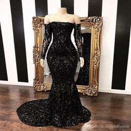 2020 Custom Made Black Off The Shoulder Mermaid Prom Party Dresses New Long Sleeve Sweep Strain Sequined Formal Evening Gowns 253R