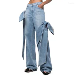 Women's Jeans 2024 Spring Wash Made Old Patchwork Bow Wide Leg Pants Design Sense Of High Waist Slim Women