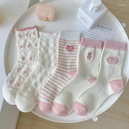 Women Socks Pink Cute Kawaii Cartoon Embroidery GirlsCasual Cotton Breathable Harajuku Streetwear Sport Japanese