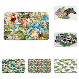 Bath Mats Leopard Zebra Mat Tropical Plants Green Leaves Jungle Flower Parrot Animal Non-Slip Bathroom Decor Doormat Carpet Floor Rug