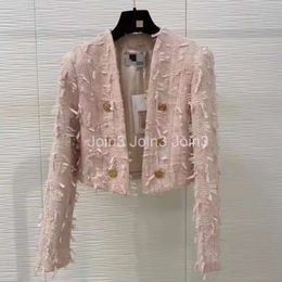 Autumn New womens v-neck long sleeve pink color tweed woolen tassel patchwork high waist short coat casacos plus size jacket SML