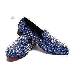 Shiny Gold Blue Spiked Rivets Loafers Men Casual Shoes Flat Bling Sequins Wedding Dress Flats Slip On Leather 38-46 A0