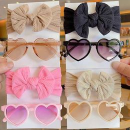 Hair Accessories 2 pieces/set of new childrens cute solid bow wide hair heart-shaped sunglasses with headband for baby girls and childrens hair accessories d240513