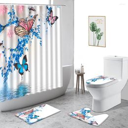 Shower Curtains Blue Butterfly Curtain Flower Plant Colour Rose Tulip Bathroom Set Non-Slip Carpet Toilet Cover Bath With Hooks