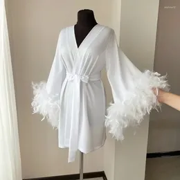 Home Clothing White Boudoir Wedding Short Length Stain Silk Lingerie Bride To Be Hen Party Dress Maxi Dressing Gown Robes Feather Robe