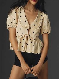 Women's Blouses Shirts Women Y2K Front Tie Short Puff Slve Top Summer Lace Up Babydoll Collar Ruffle T Going Out Plaid Crop Tops Strtwear Y240510
