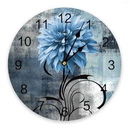 Wall Clocks Dahlia Oil Painting Abstract Plant Flower Blue Silent Home Cafe Office Decor For Kitchen Large