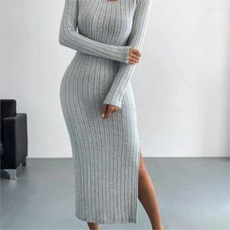 Casual Dresses 2024 Selling 2 Autumn/Winter Long Sleeved Round Neck Split Knitted Sweater Wrap Hip Dress Women's Clothing