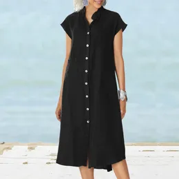 Casual Dresses Cotton Linen Women Leisure Button Up Black Dress Summer Cardigan Vintage Stand Collar Single Breasted Pocket Beach Shirt