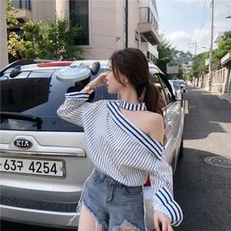 Women's Blouses 2024 Elegant Striped Shirts Women Streetwear Sexy Off Shoulder Fashion Hollow Out Halter Long Sleeve Casual Tops