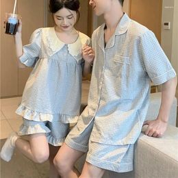 Home Clothing Limiguyue High Quality Summer Couple Pyjama Set Plaid Short Sleeve Homewear Lace Comfortable Shorts Nightgown Clothes S506