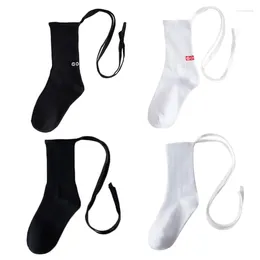 Women Socks 2024 Japanese Ribbed With For Cross Bow Lace Up Tie Harajuku Letters Print Black White Tube
