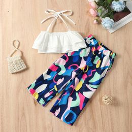 Clothing Sets Summer Girls Clothes Baby Casual Sleeveless Halter Solid White Crop Top Print Loose Pants Kids Toddler