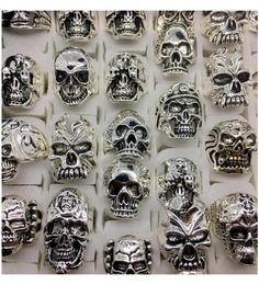 Whole Lots Top 50Pcs Vintage Skull Carved Biker Men039S Silver Plated Rings Jewellery All Big Size Ocjry5671716
