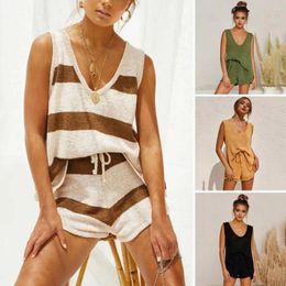 Women's Shorts Women Knitted Vest Set Summer Loose Striped Colour Block With Drawstring Waist For Vacation