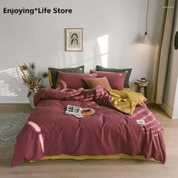 Bedding Sets Two Colour Crash Tomato Red/yellow Bed Set Washed Cotton Plain Colour Linen Single/double