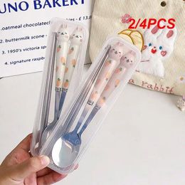 Spoons 2/4PCS Stainless Steel Cutlery Cartoon Household Portable Tableware With Box Set Spoon Fork Gift Kitchen