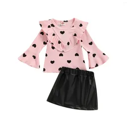 Clothing Sets 2-6Years Girl's Two-Piece Suit Heart Pattern Ruffle Flared Long Sleeve Round Neck Tops Mini Skirt