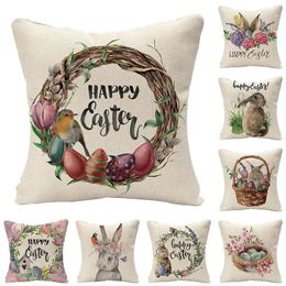 Pillow 2024 Arrival Square Easter Case Linen Printed Flowers Pillows Decor Home Sofa Cover Egg Pattern