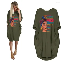 Casual Dresses Autumn Fashion African Dress For Women Pocket Black Beatiful Letters Print T Shirt 2024 Plus Size Midi Robe Femme