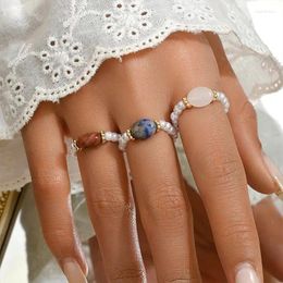 Cluster Rings 3 PCS Set Natural Stone Pearl Beaded For Women Simi Precious White Elastic Adjustable Hand Make Ring