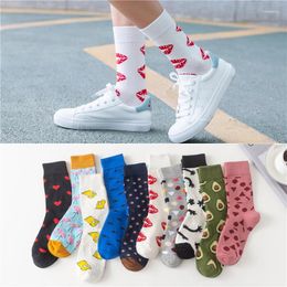 Women Socks Women's Japanese Colorful Cartoon Mid Tube Unisex Cute Funny Happy Avocado Flamingo Red Lip Sokken Gift