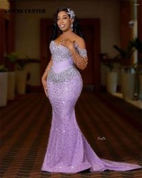 Party Dresses Lilac Off The Shoulder Sliver Crystal Beaded Three Quarter Sleeve Aso Ebi Evening For Wedding Mermaid African