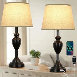 Table Lamps Vintage Nightstand Lamp 24 Inch High With 2 USB Charging Ports For Bedroom Living Room Black End Set Of