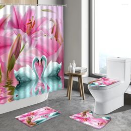 Shower Curtains Flower Swans 3D Printing Curtain Bathroom Decors Waterproof Bathtub Decor Pinks Floral Polyester With Hooks Set
