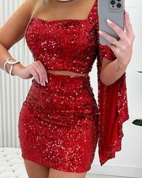 Work Dresses Ly Released Sexy Slim Fit Single Shoulder Full Pack Sequin Cape Sleeve And Short Skirt Set For Beautiful Girls