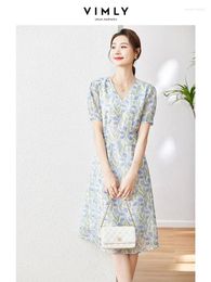Party Dresses Vimly Blue Floral Printed Women Summer 2024 Thin Silm V-neck A-line Lace-up Short Sleeve Casual Straight Dress M1851