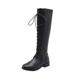 Boots Botas De Mujer 2024 Big Size 54 Knee High Women Med Heels Platform Lace Up Autumn Winter Plush Warm Black 20-17