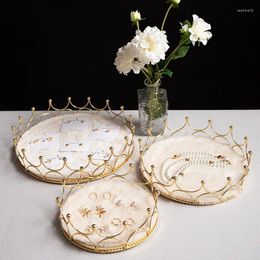 Decorative Figurines Crown Plush Metal Tray Jewellery Display Stand Plate Necklace Earring Home Rack Storage