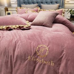 Bedding Sets Crystal Velvet Lotus Leaf Edge Embroidery 4 Pieces Home Textile Quilt Cover Sheet Pillowcase No Inner Warm