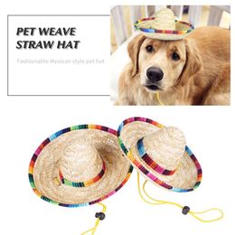 Dog Apparel Cat Pet Woven Straw Hat Adjustable Fashionable Mexican Style Spring And Summer Sunshade Clothing Accessories