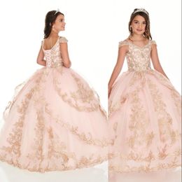 2020 Hot Ball Gown Girls Pageant Dresses V Neck Blush Pink Gold Lace Appliques Crystal Beads Kids Party Birthday Gowns Flower Girls Dre 1944