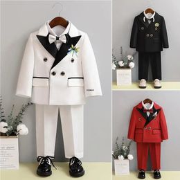 Children White Wedding Suit Boys Girls1 Year Birthday Dress Costume Kids Jacket Pants Bowtie Pograph Suit Flower Tuxedo Dress 240514