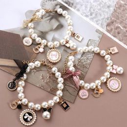 Dog Collars Sweet Pink Rhinestone Chain Puppy Accessories Pearl Necklace Bow Collar Cat Jewellery Pet