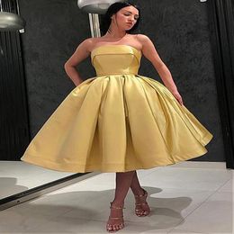 Gold Short Prom Dresses Strapless Tea Length Simple Formal Party Gowns A Line Puffy Satin Plus Size Arabic Evening Dress For Women 293v