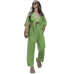 Women's Two Piece Pants Women Two-piece Set Loose Fit Suit Vacation Style Lace-up Top Wide Leg Trousers For V Neck Horn Sleeve Blouse