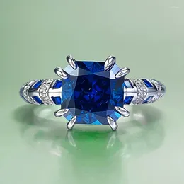 Cluster Rings Jewelry S925 Silver 8 8m Royal Blue Square High Carbon Diamond Ring Simulation Female Cross Border Europe