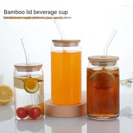 Wine Glasses Household Drinking Utensils Bamboo Cover With Straw Glass Milk Tea And Cola Cup Kitchen Bar Counter Supplies
