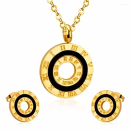 Necklace Earrings Set LUXUKISSKIDS Fashion Brand Jewellery Roman Numerals With Shell Stainless Steel Hollow Out Wedding