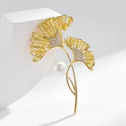 Brooches Fashion Ginkgo Biloba Vintage Gold Color Brooch Pins Crystals Pearl Flower For Wedding Party Jewelry 2024